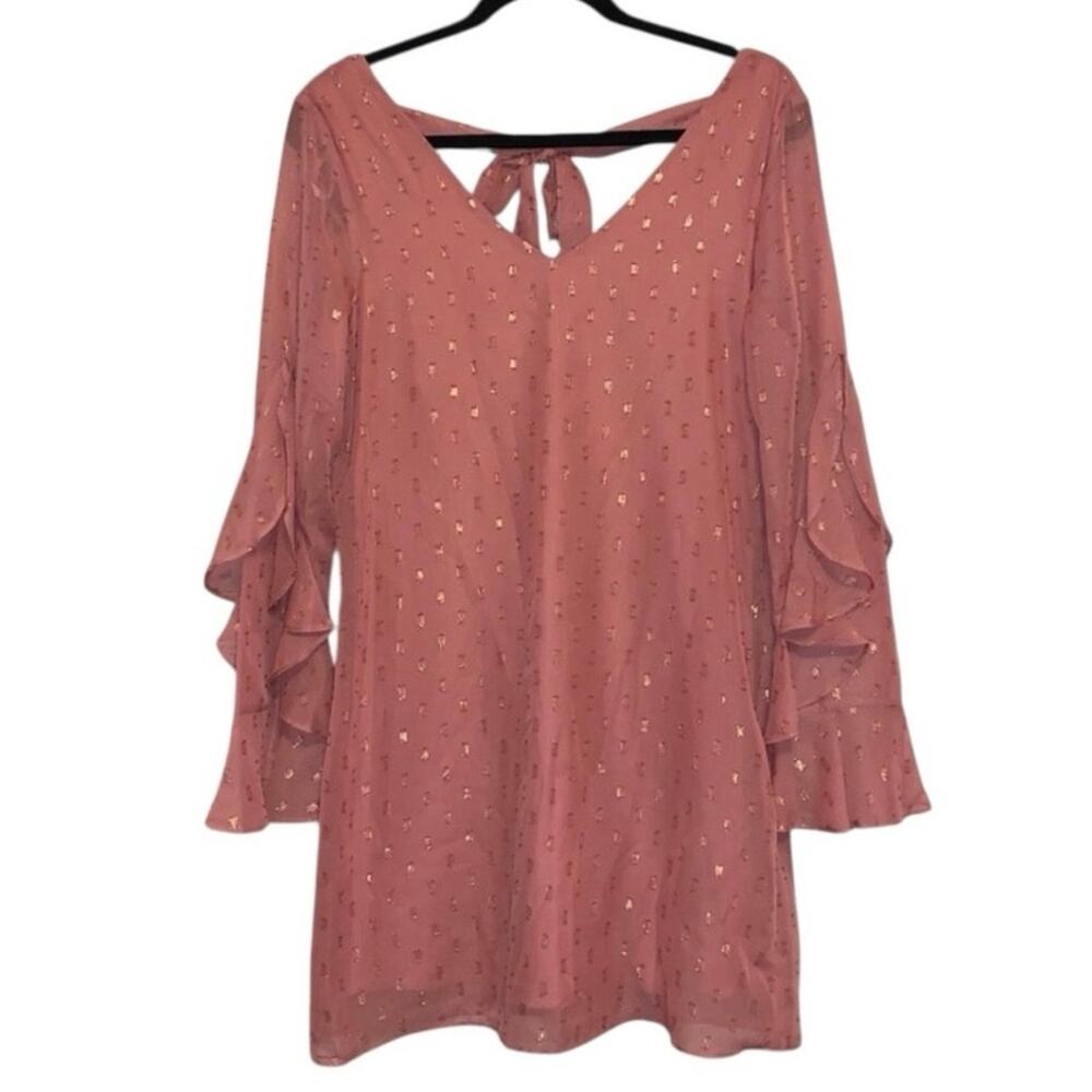 NWT‎ I.N. San Francisco Pink Swiss Dot Ruffle Sleeve Tie Back Dress